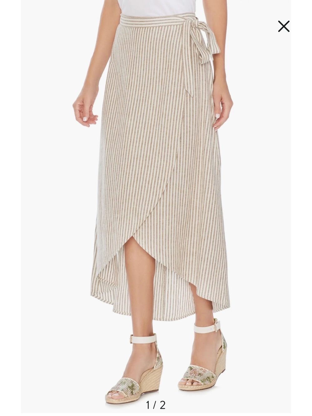 Vince Camuto Beige and Cream Striped High-Low Wrap Skirt 100% Linen